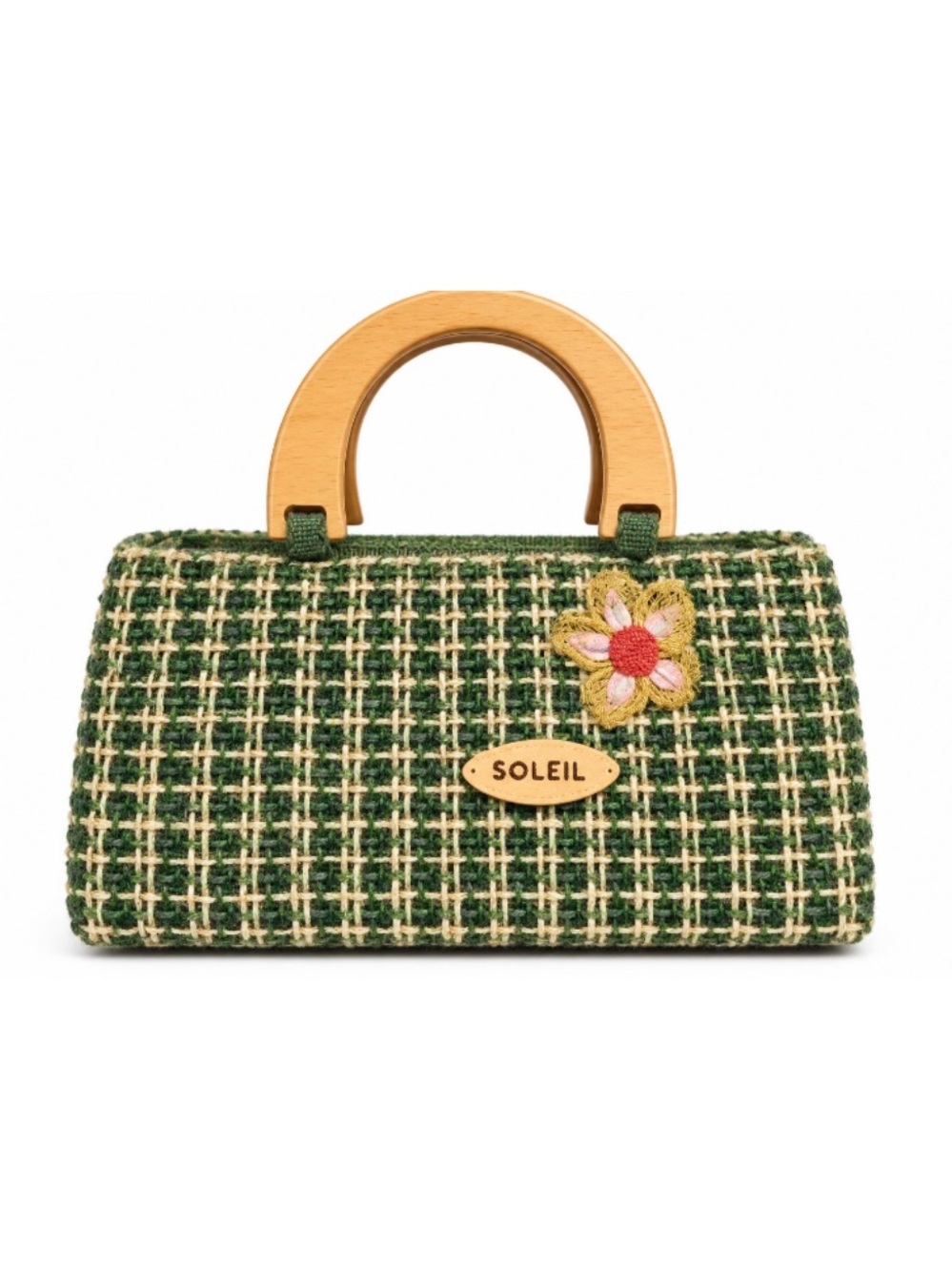 Vintage Green Tweed Top-Handle Bag with Wooden Handles